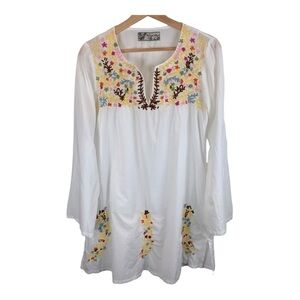 Glam Vintage Soul sz S White Embroidered Multicolour Long Line Women’s Tunic Top